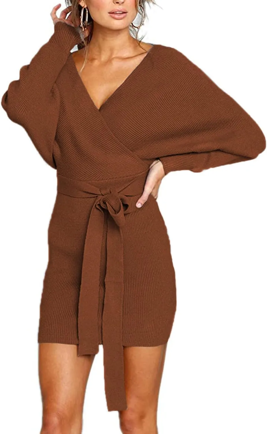 Mansy Women's Sexy Cocktail Batwing Long Sleeve Backless Mock Wrap Knit Sweater Mini Dress