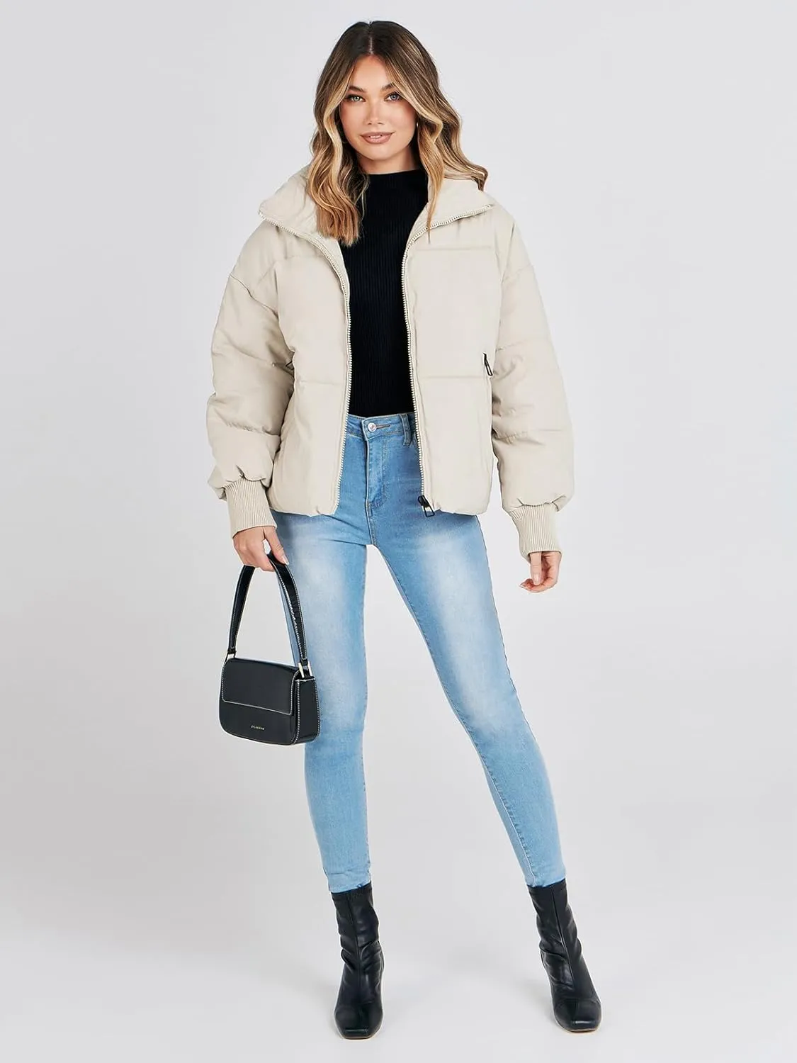 MEROKEETY Women's 2025 Winter Long Sleeve Zip Puffer Jacket Pockets Baggy Short Coats