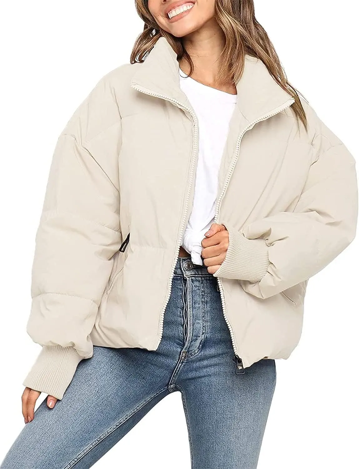MEROKEETY Women's 2025 Winter Long Sleeve Zip Puffer Jacket Pockets Baggy Short Coats