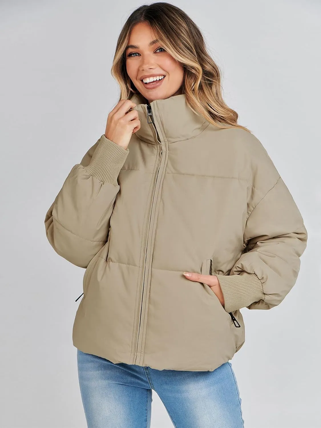 MEROKEETY Women's 2025 Winter Long Sleeve Zip Puffer Jacket Pockets Baggy Short Coats
