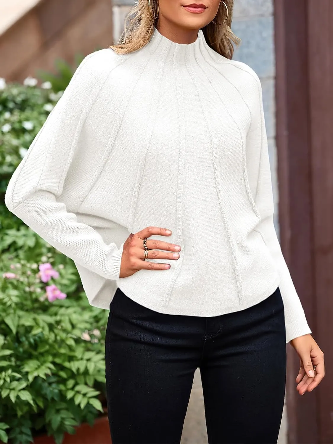 NALANISA Women's Mock Neck Batwing Sleeve Sweaters 2024 Fall Winter Oversized Knit Cute Pullover Sweater Dolman Tops Trendy