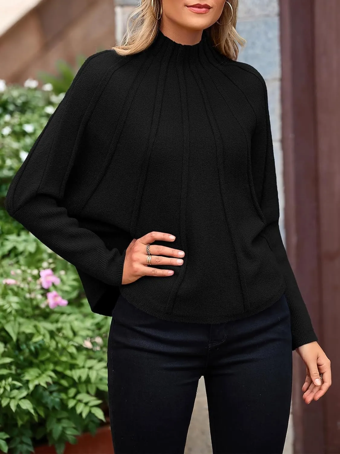 NALANISA Women's Mock Neck Batwing Sleeve Sweaters 2024 Fall Winter Oversized Knit Cute Pullover Sweater Dolman Tops Trendy