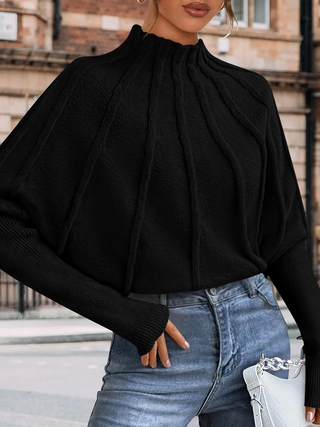 NALANISA Women's Mock Neck Batwing Sleeve Sweaters 2024 Fall Winter Oversized Knit Cute Pullover Sweater Dolman Tops Trendy