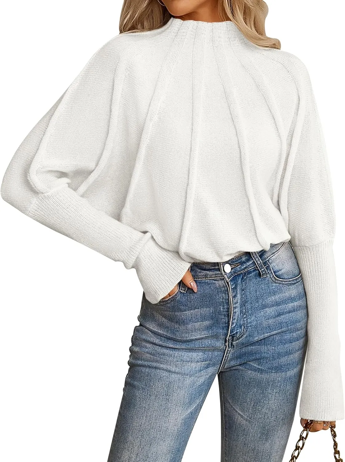 NALANISA Women's Mock Neck Batwing Sleeve Sweaters 2024 Fall Winter Oversized Knit Cute Pullover Sweater Dolman Tops Trendy