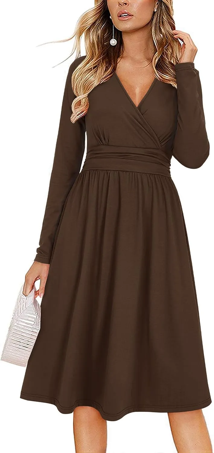 OUGES Women's Fall Winter Dresses for Women 2024 Long Sleeve V Neck Work Outfits with Pockets