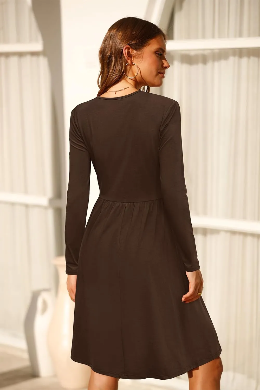 OUGES Women's Fall Winter Dresses for Women 2024 Long Sleeve V Neck Work Outfits with Pockets