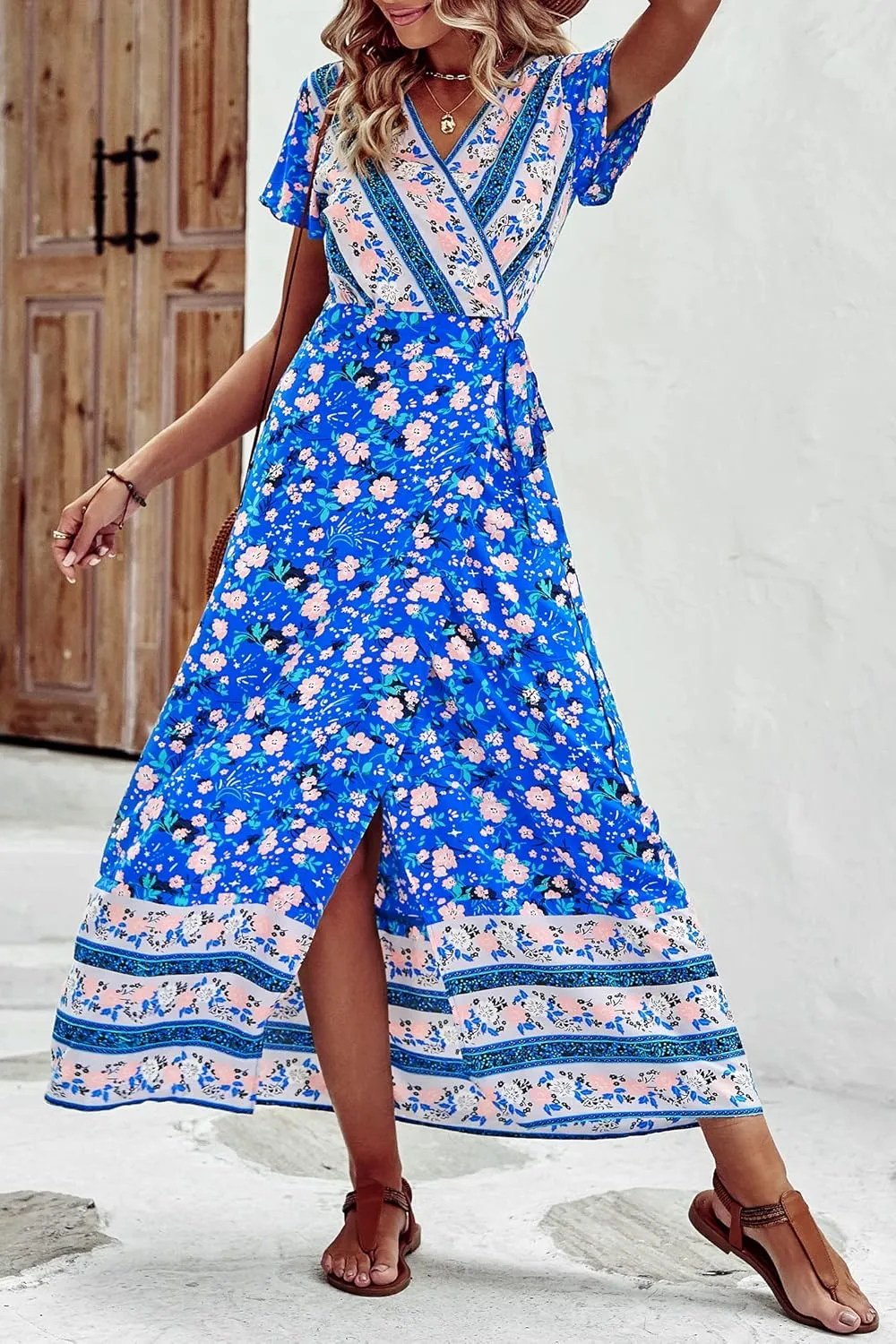 PRETTYGARDEN Women Boho Summer Side Split Deep V Neck Short Sleeves Maxi Dress with Belt