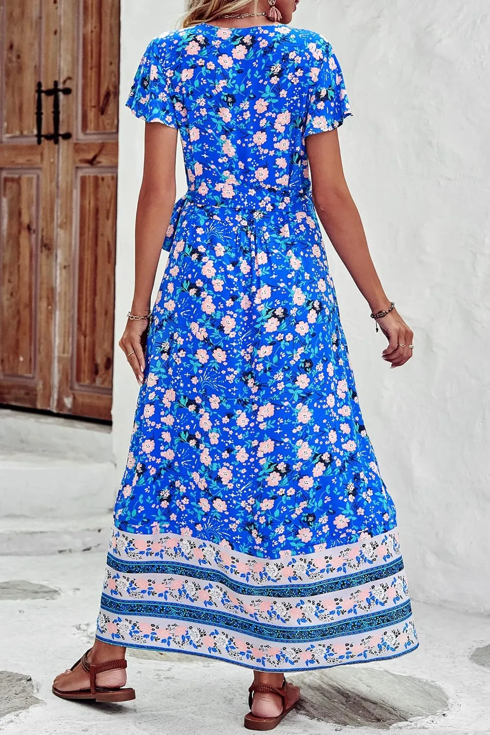 PRETTYGARDEN Women Boho Summer Side Split Deep V Neck Short Sleeves Maxi Dress with Belt