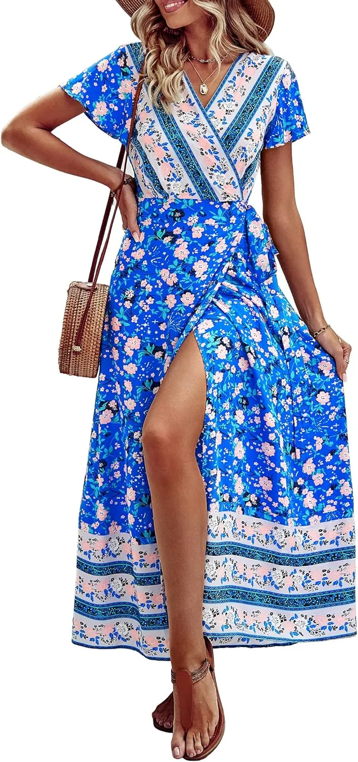 PRETTYGARDEN Women Boho Summer Side Split Deep V Neck Short Sleeves Maxi Dress with Belt