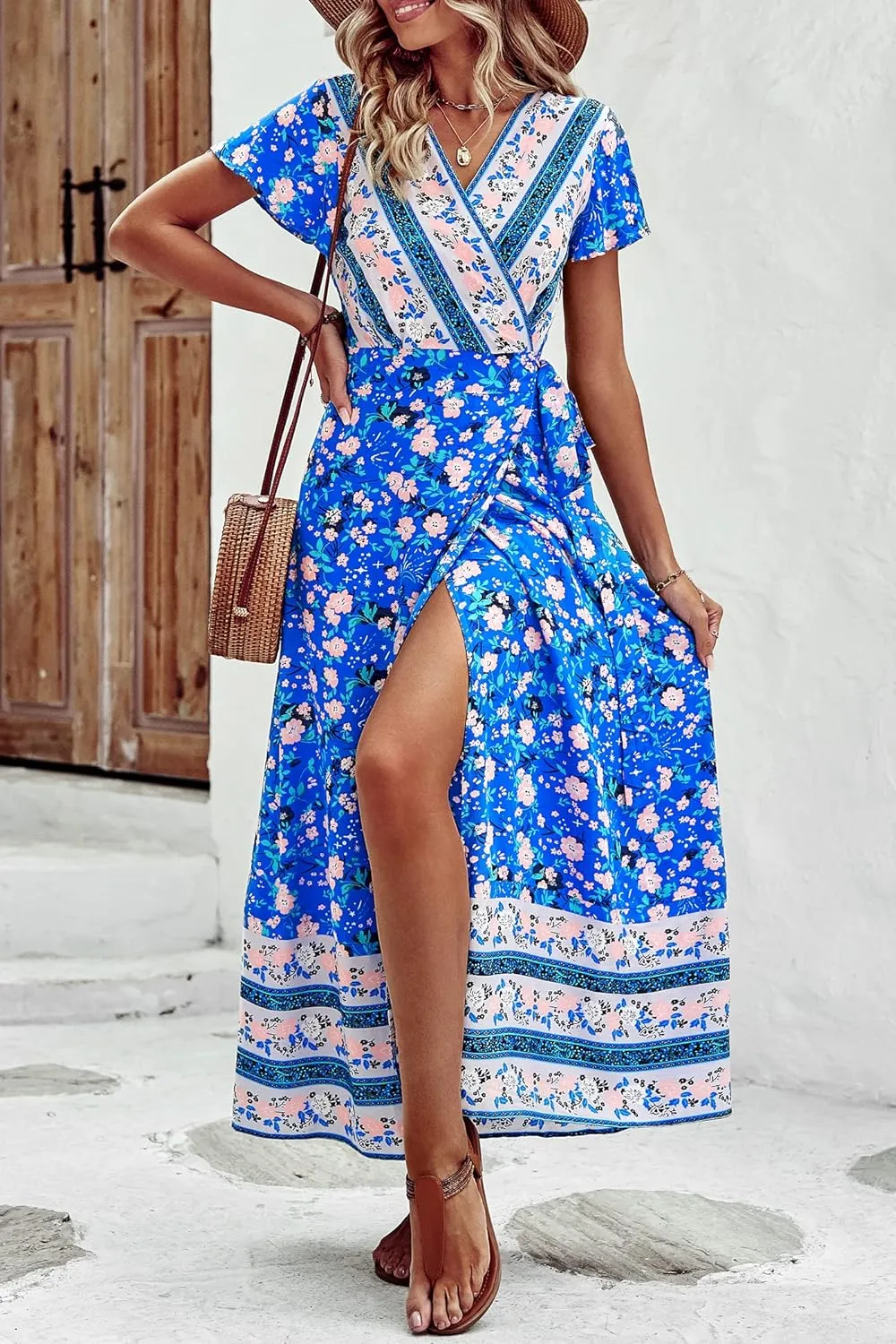 PRETTYGARDEN Women Boho Summer Side Split Deep V Neck Short Sleeves Maxi Dress with Belt