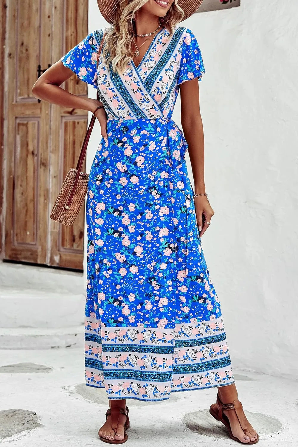 PRETTYGARDEN Women Boho Summer Side Split Deep V Neck Short Sleeves Maxi Dress with Belt