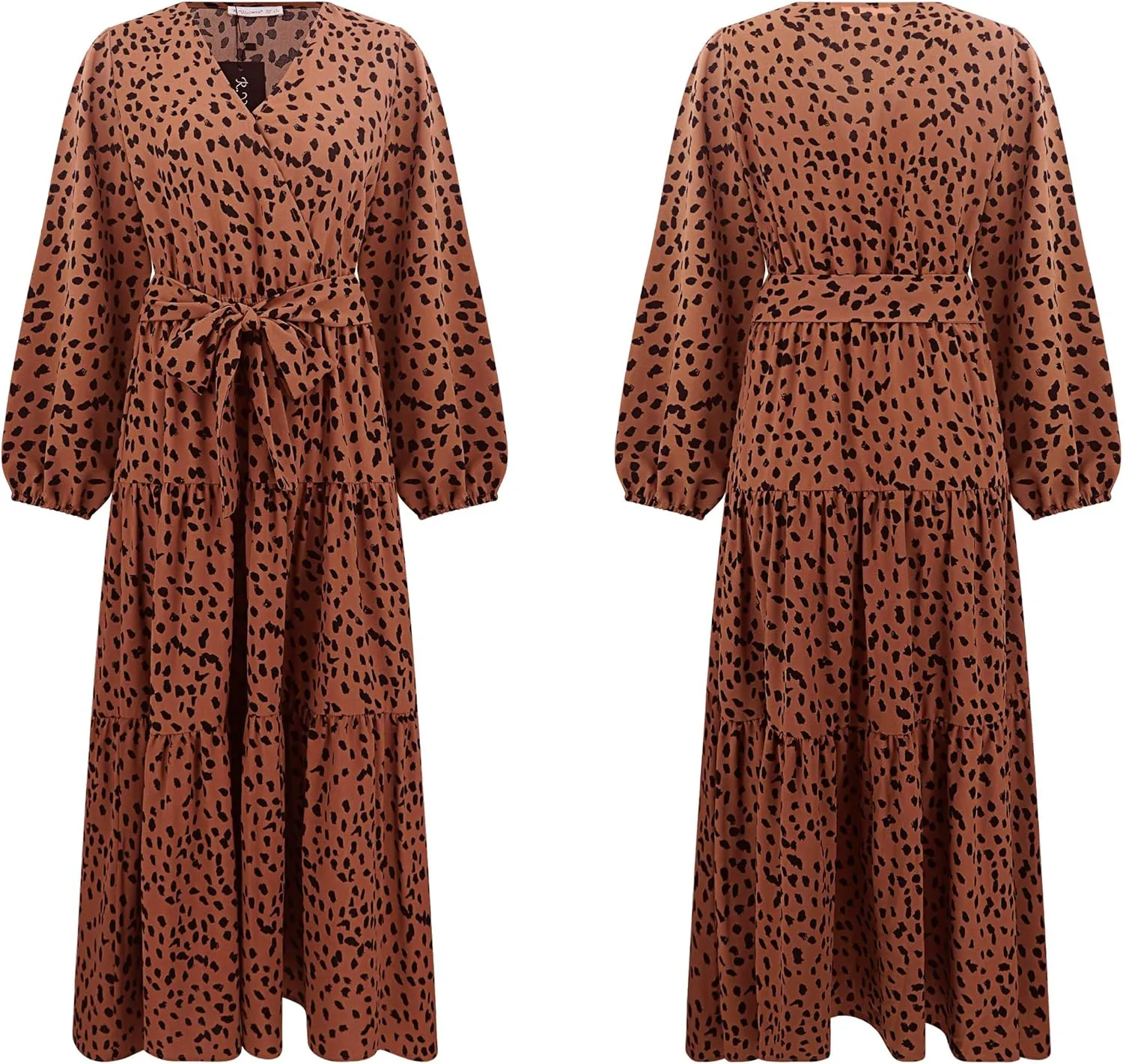 R.Vivimos Women's Fall Long Sleeve Casual Dresses Wrap V Neck Polka Dots Tiered Ruffle Flowy Midi Dress with Belt