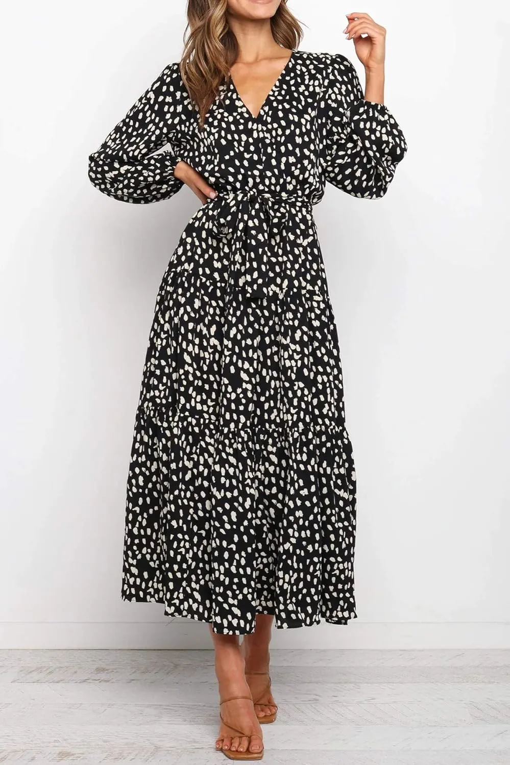 R.Vivimos Women's Fall Long Sleeve Casual Dresses Wrap V Neck Polka Dots Tiered Ruffle Flowy Midi Dress with Belt