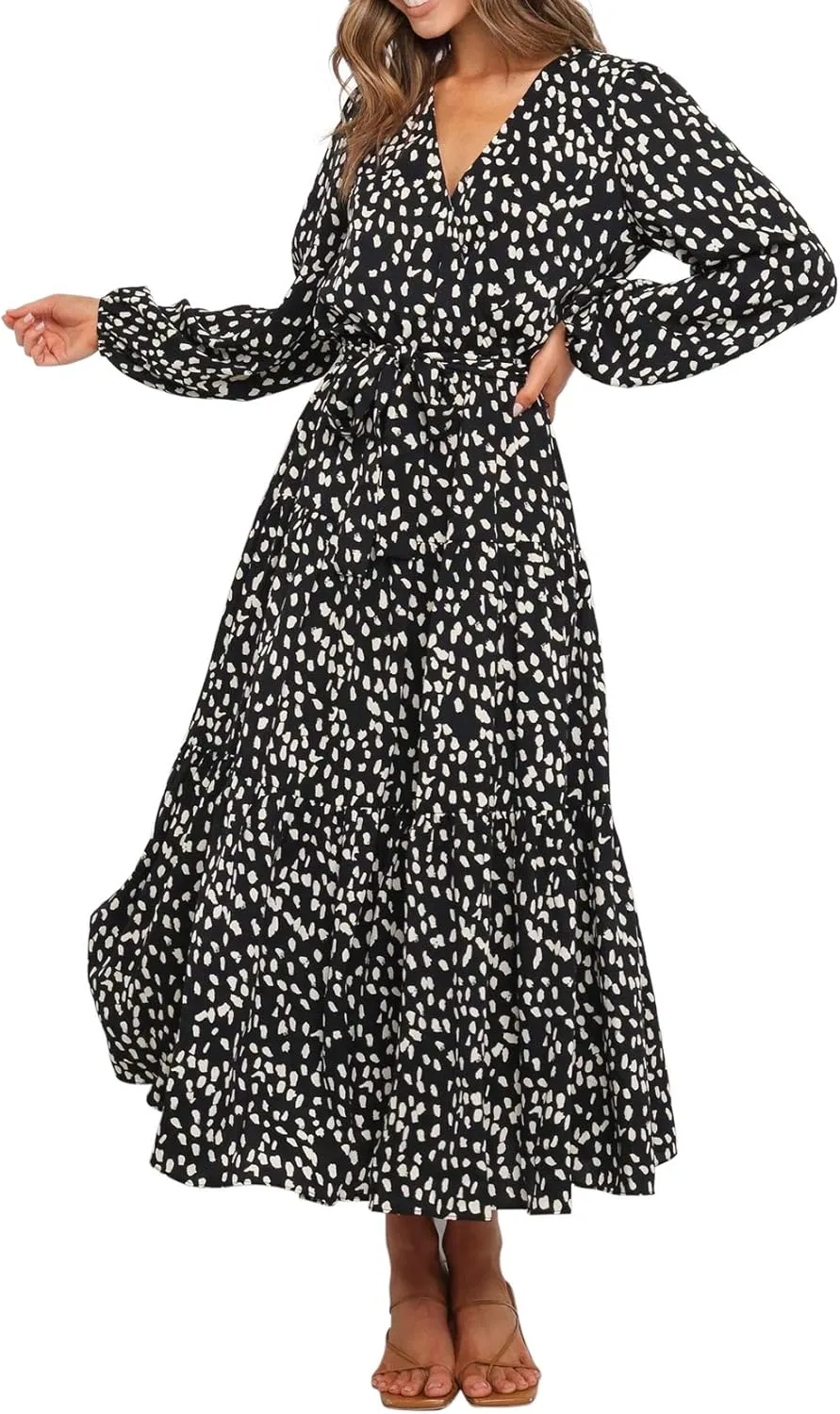 R.Vivimos Women's Fall Long Sleeve Casual Dresses Wrap V Neck Polka Dots Tiered Ruffle Flowy Midi Dress with Belt