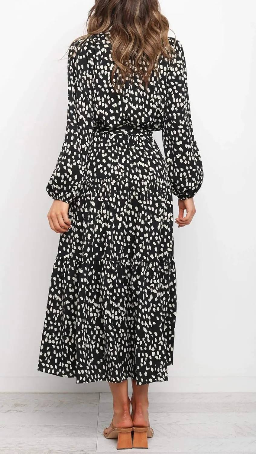 R.Vivimos Women's Fall Long Sleeve Casual Dresses Wrap V Neck Polka Dots Tiered Ruffle Flowy Midi Dress with Belt