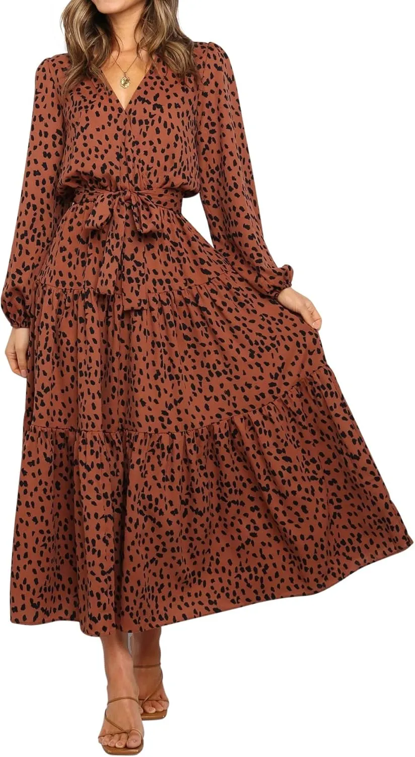 R.Vivimos Women's Fall Long Sleeve Casual Dresses Wrap V Neck Polka Dots Tiered Ruffle Flowy Midi Dress with Belt