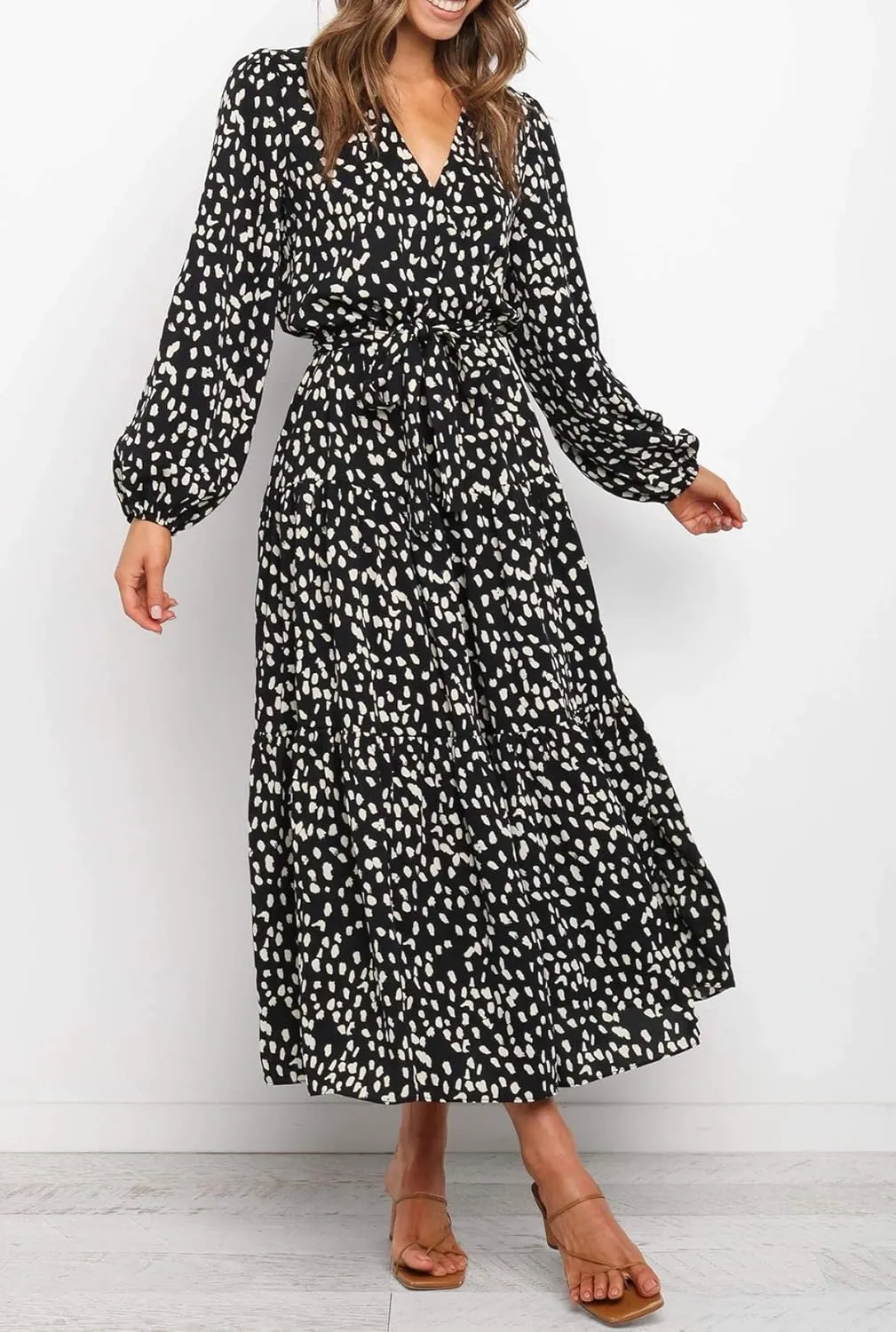 R.Vivimos Women's Fall Long Sleeve Casual Dresses Wrap V Neck Polka Dots Tiered Ruffle Flowy Midi Dress with Belt