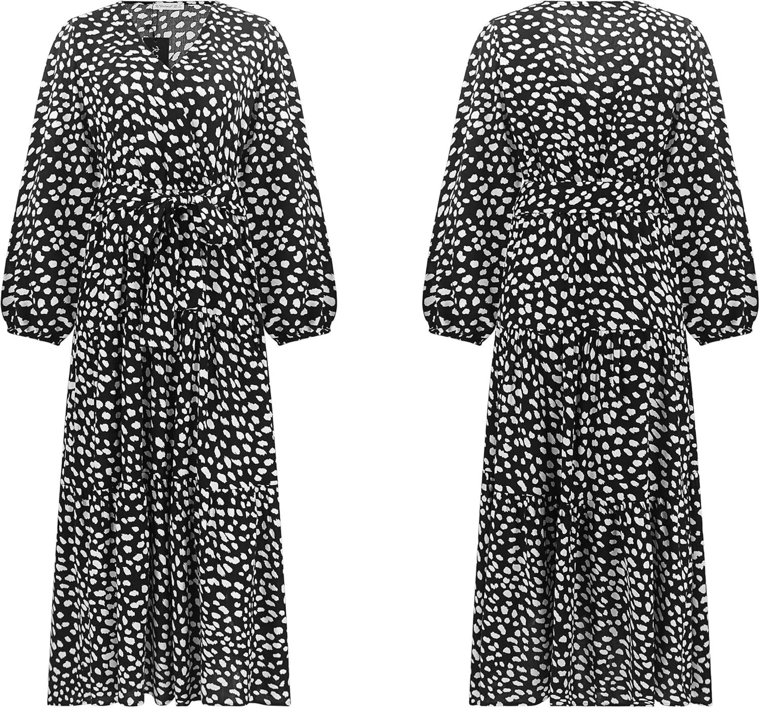 R.Vivimos Women's Fall Long Sleeve Casual Dresses Wrap V Neck Polka Dots Tiered Ruffle Flowy Midi Dress with Belt