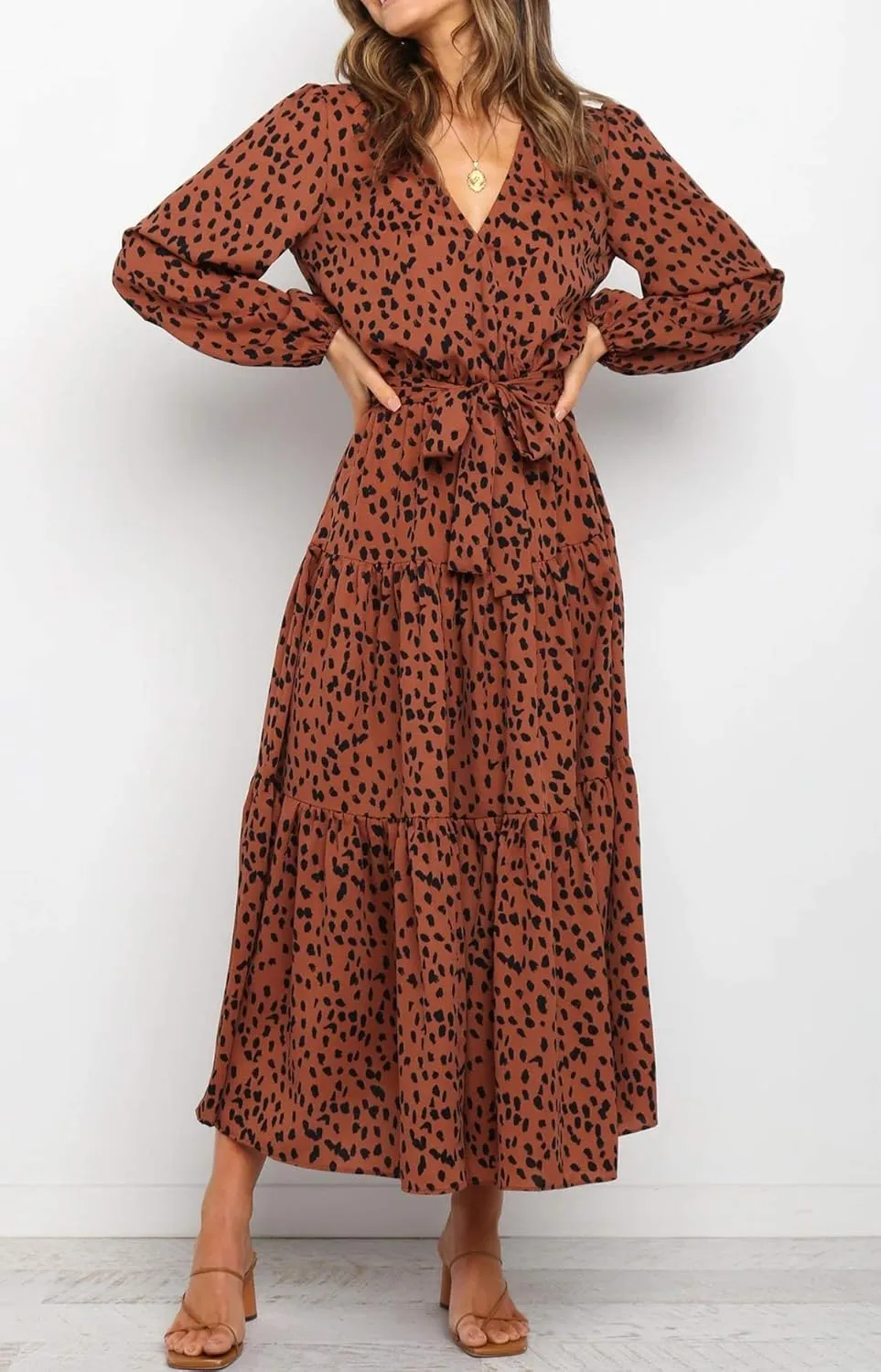 R.Vivimos Women's Fall Long Sleeve Casual Dresses Wrap V Neck Polka Dots Tiered Ruffle Flowy Midi Dress with Belt