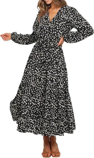 R.Vivimos Women's Fall Long Sleeve Casual Dresses Wrap V Neck Polka Dots Tiered Ruffle Flowy Midi Dress with Belt