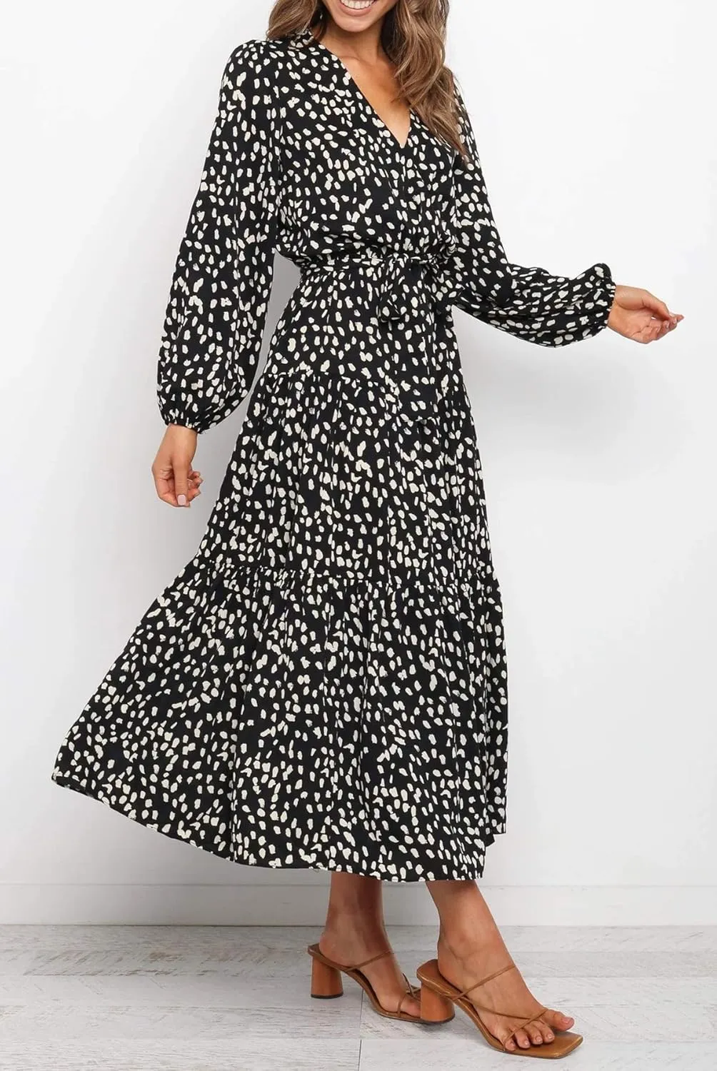 R.Vivimos Women's Fall Long Sleeve Casual Dresses Wrap V Neck Polka Dots Tiered Ruffle Flowy Midi Dress with Belt