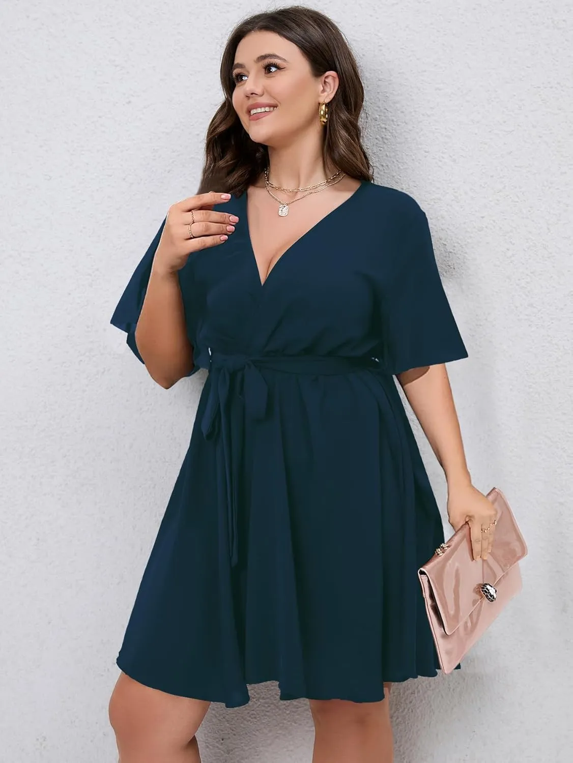 SCOMCHIC Women's Plus Size Summer Dresses Short Sleeve Wrap V Neck A Line Skater Mini Short Dress XL-4XL