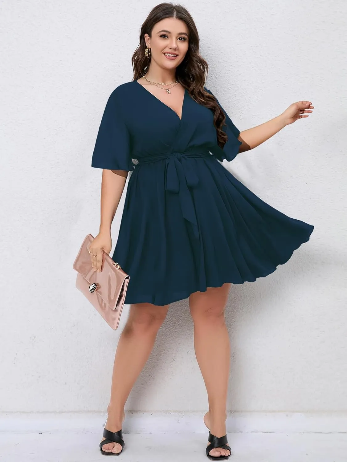 SCOMCHIC Women's Plus Size Summer Dresses Short Sleeve Wrap V Neck A Line Skater Mini Short Dress XL-4XL