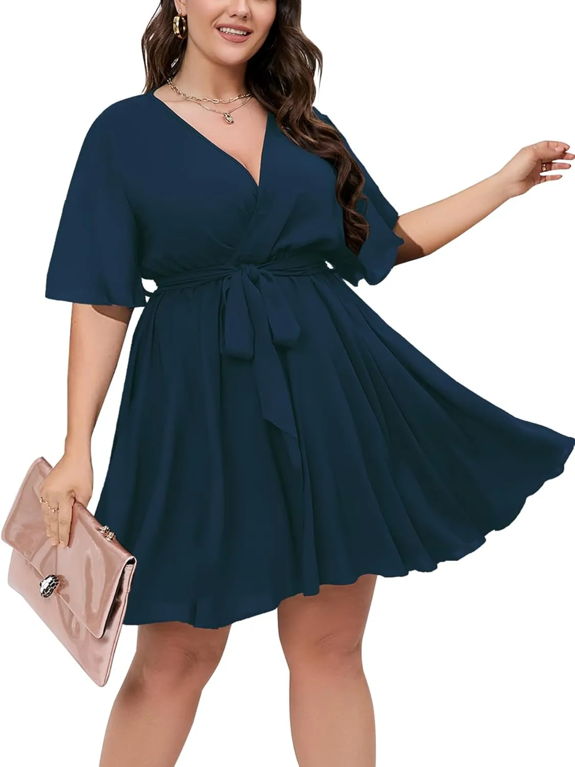SCOMCHIC Women's Plus Size Summer Dresses Short Sleeve Wrap V Neck A Line Skater Mini Short Dress XL-4XL