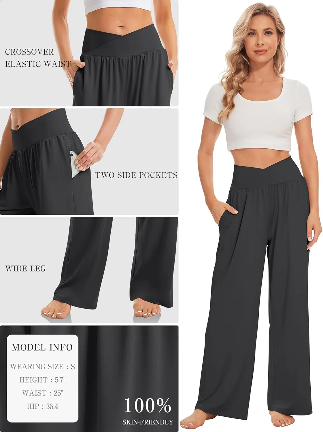TARSE Women's Wide Leg Casual Loose Pants Yoga Sweatpants Comfy Crossover High Waisted Lounge Pajama Flowy Pants with Pockets