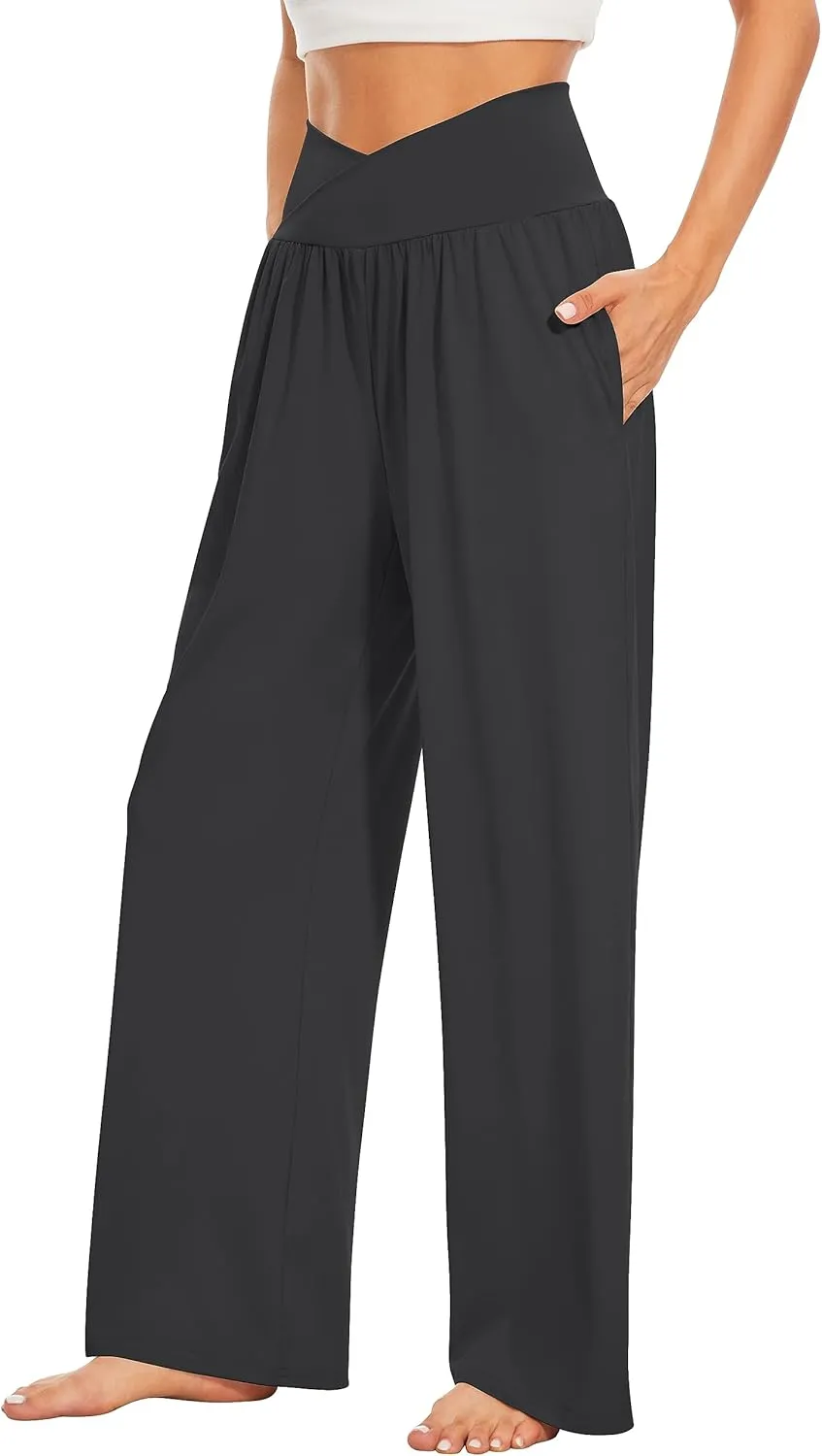 TARSE Women's Wide Leg Casual Loose Pants Yoga Sweatpants Comfy Crossover High Waisted Lounge Pajama Flowy Pants with Pockets