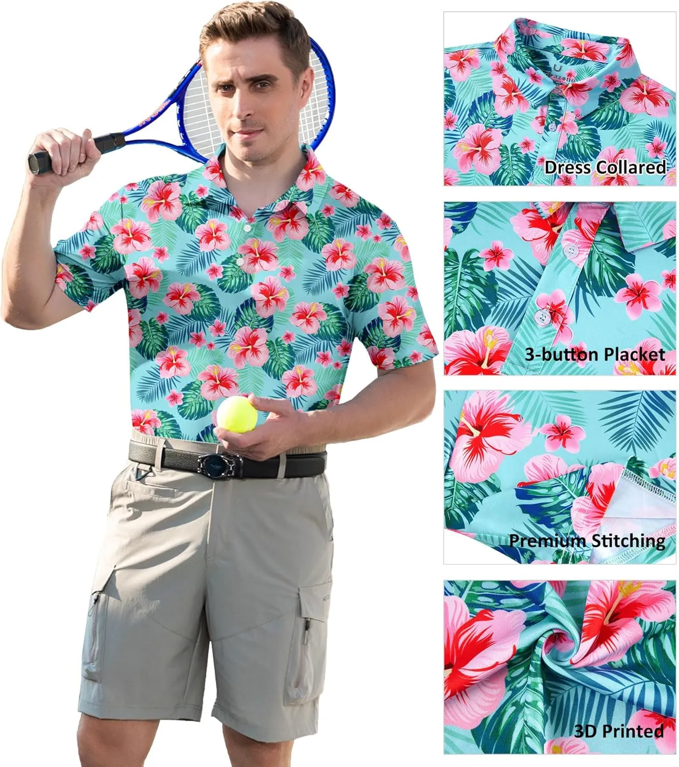 uideazone Mens Polo Shirts Short Sleeve Dry Fit 3D Print Moisture Wicking Funny Golf Shirt