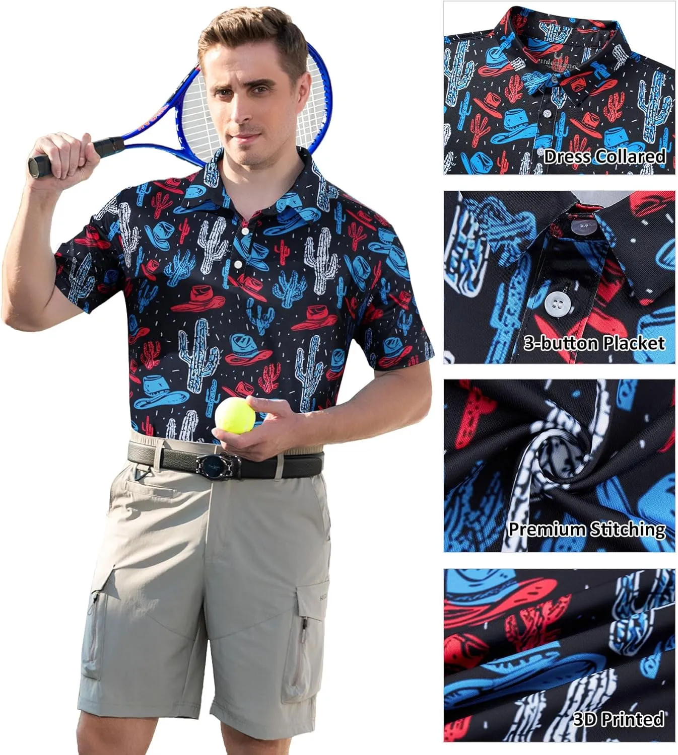 uideazone Mens Polo Shirts Short Sleeve Dry Fit 3D Print Moisture Wicking Funny Golf Shirt