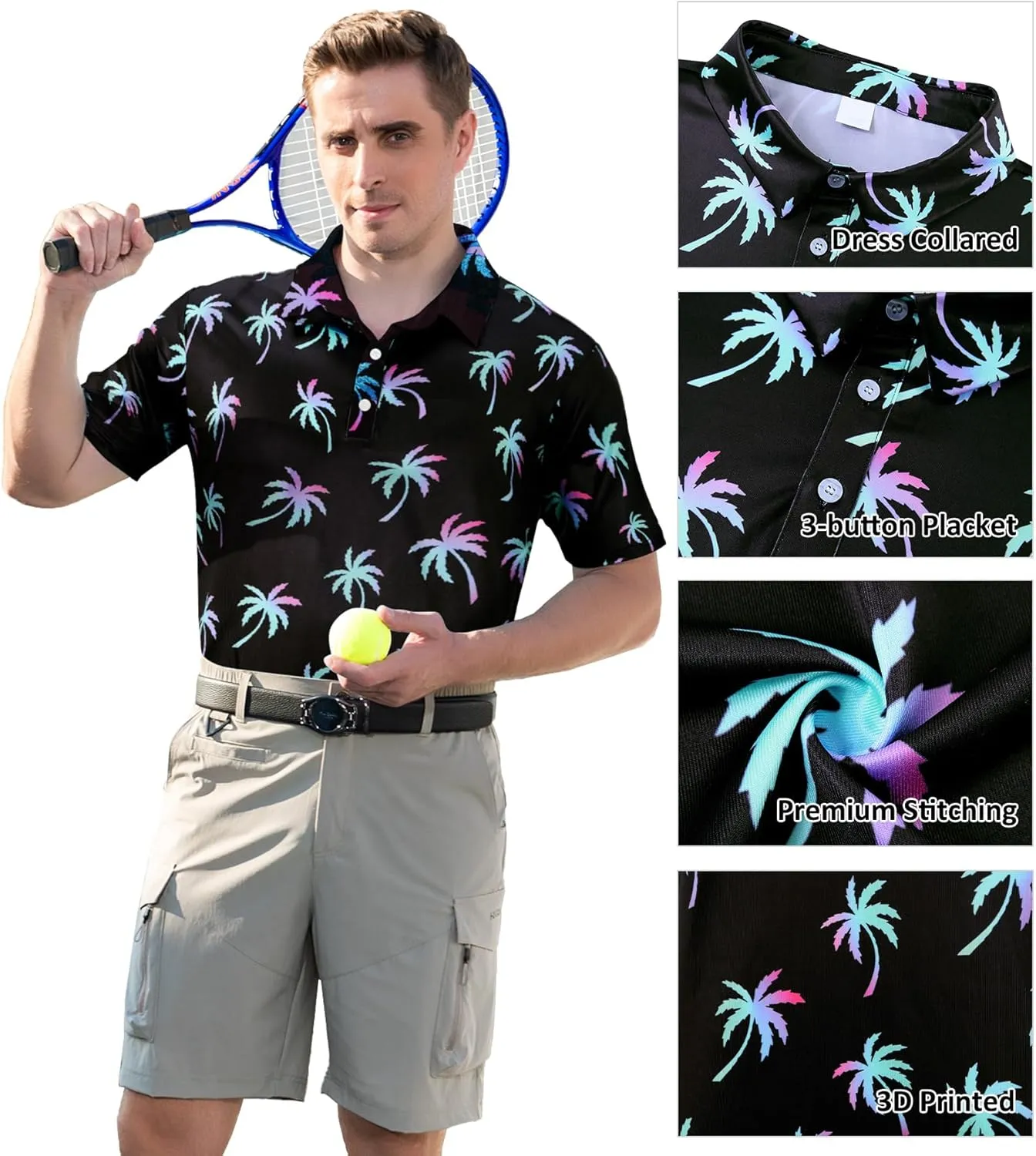 uideazone Mens Polo Shirts Short Sleeve Dry Fit 3D Print Moisture Wicking Funny Golf Shirt