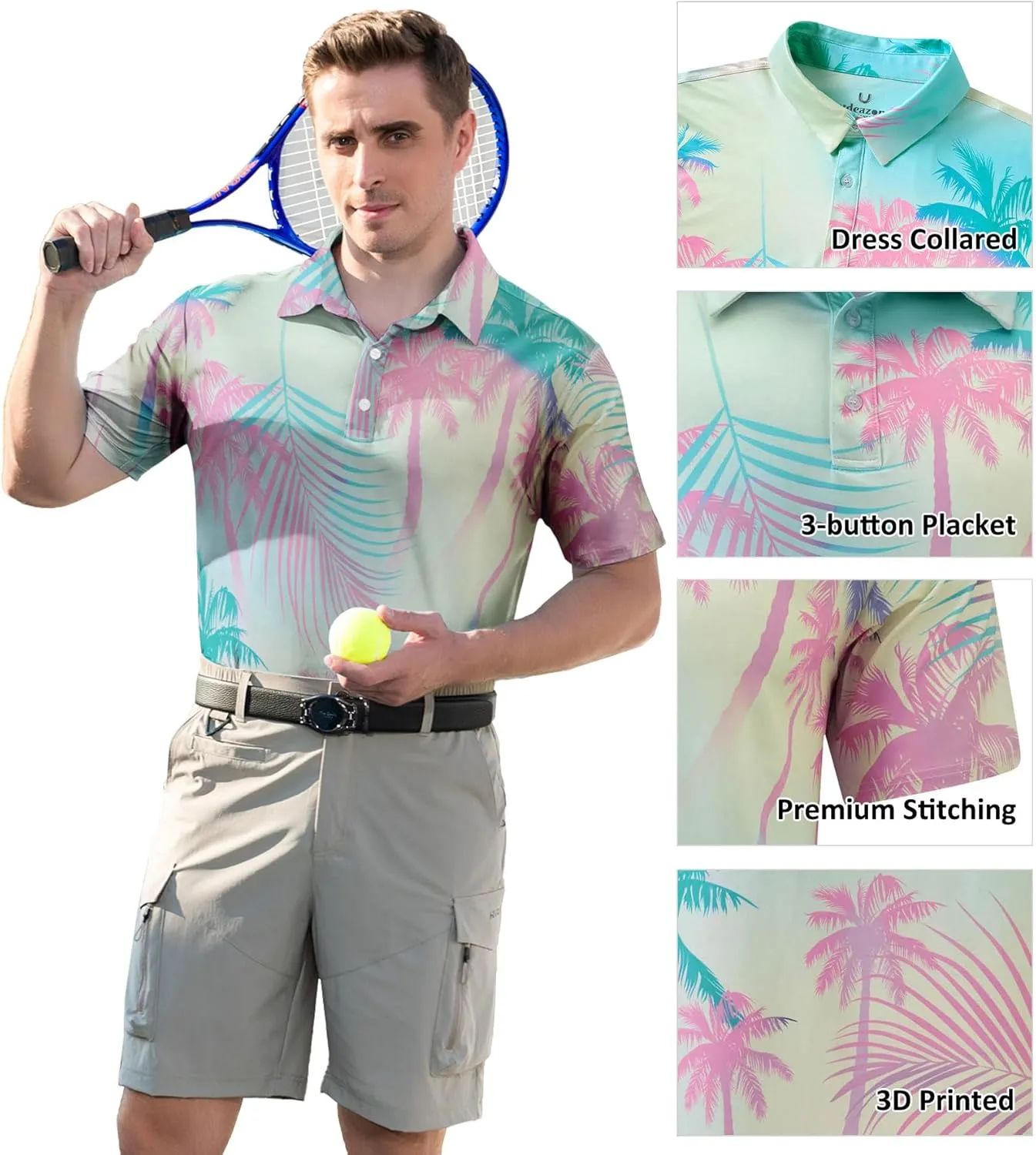 uideazone Mens Polo Shirts Short Sleeve Dry Fit 3D Print Moisture Wicking Funny Golf Shirt