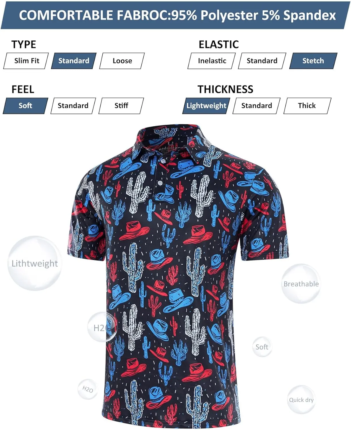 uideazone Mens Polo Shirts Short Sleeve Dry Fit 3D Print Moisture Wicking Funny Golf Shirt