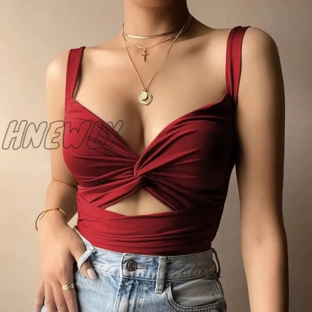 Women Sexy Hollow Out Bandage Short Style Tank Tops V-Neck Solid Backless Sleeveless Ladies Summer Casual Slim Vest Female