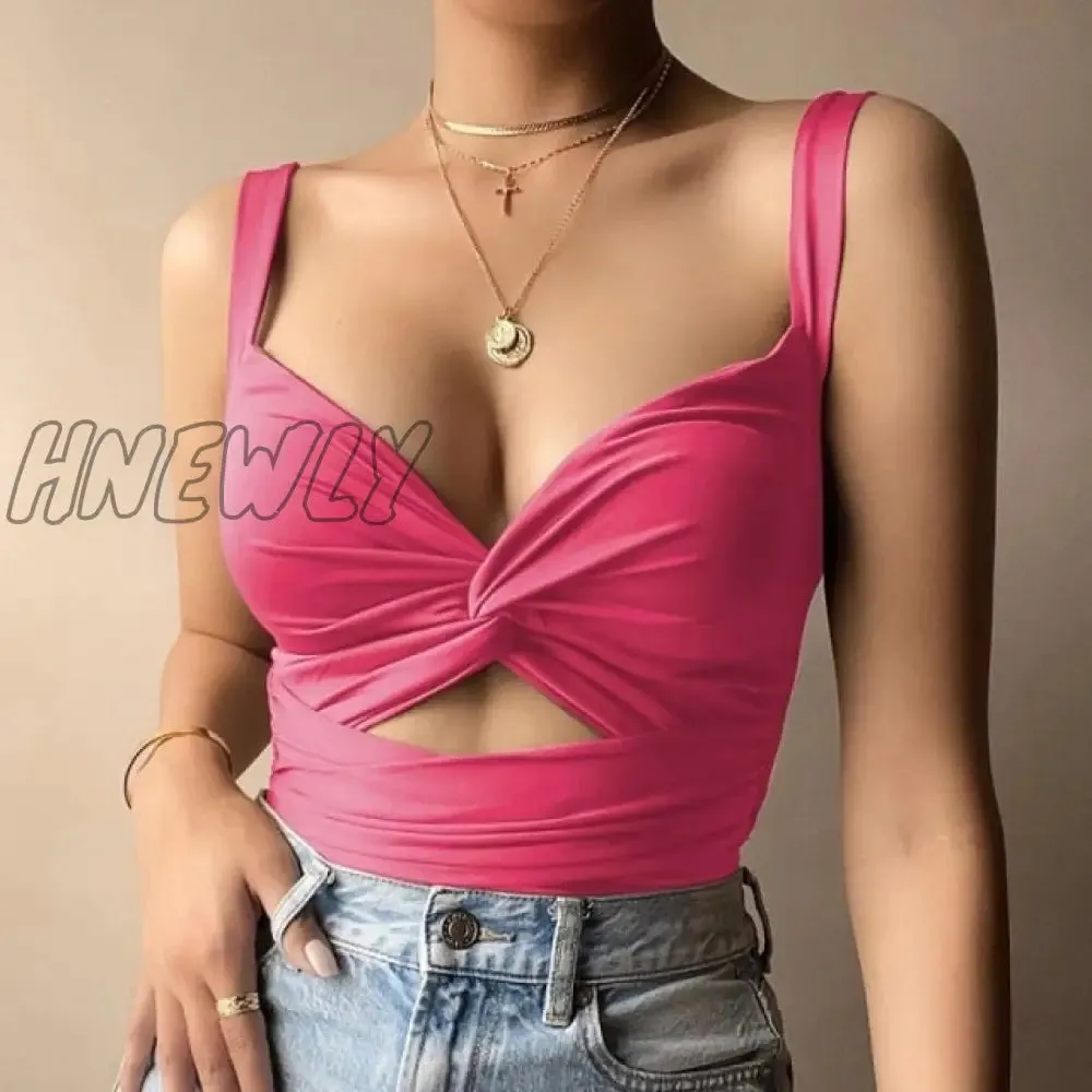 Women Sexy Hollow Out Bandage Short Style Tank Tops V-Neck Solid Backless Sleeveless Ladies Summer Casual Slim Vest Female