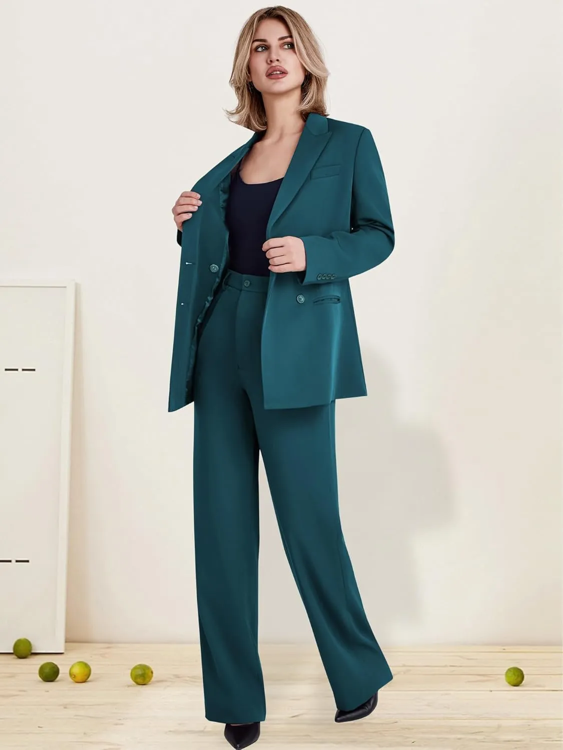 Women's 2 Piece Suit Two Button Business Casual Office Work Outfits Dressy Blazer Wide Leg Pants Set