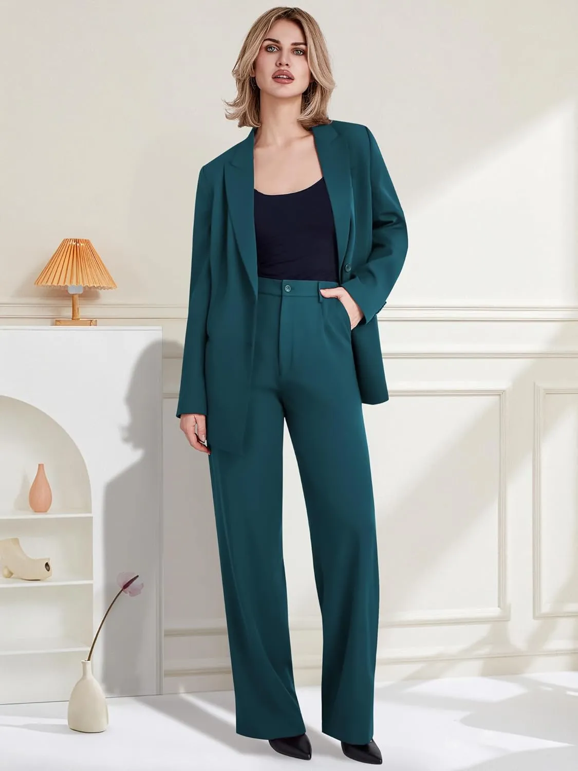 Women's 2 Piece Suit Two Button Business Casual Office Work Outfits Dressy Blazer Wide Leg Pants Set