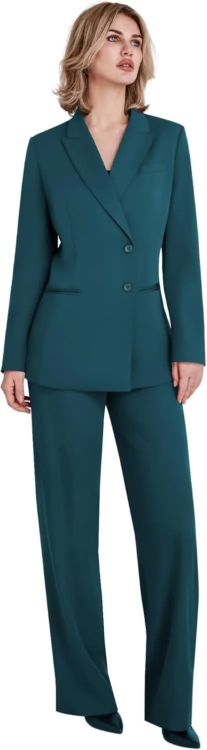 Women's 2 Piece Suit Two Button Business Casual Office Work Outfits Dressy Blazer Wide Leg Pants Set