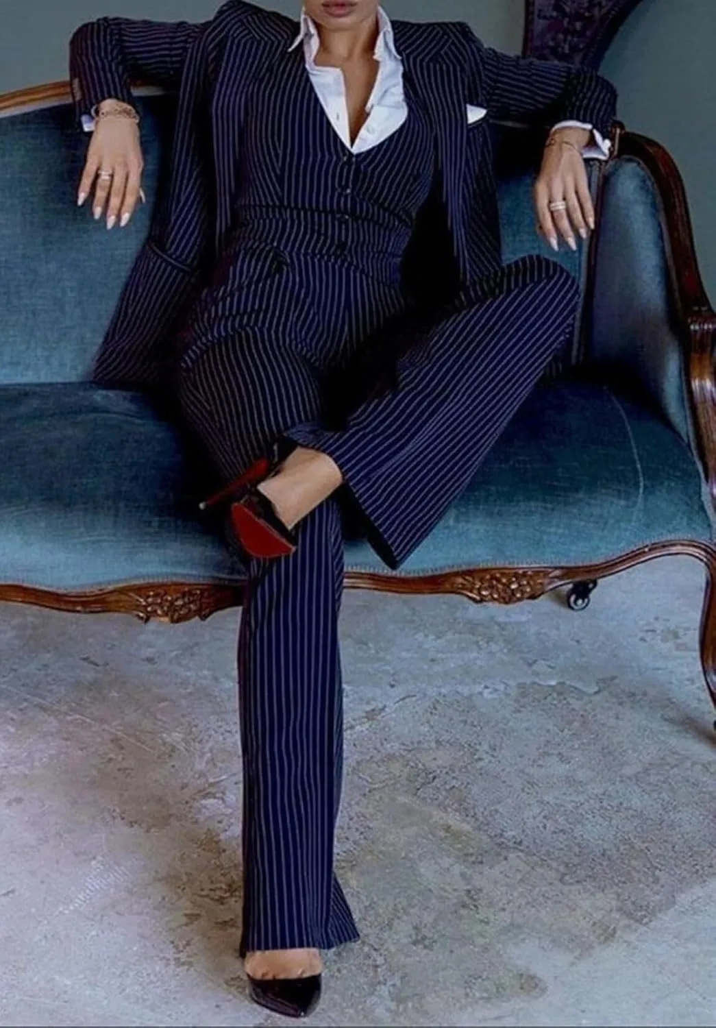 Women's 3 Piece Business Stripes Suit Set Slim Fit Blazer Jacket Vest Pant for Work Professional