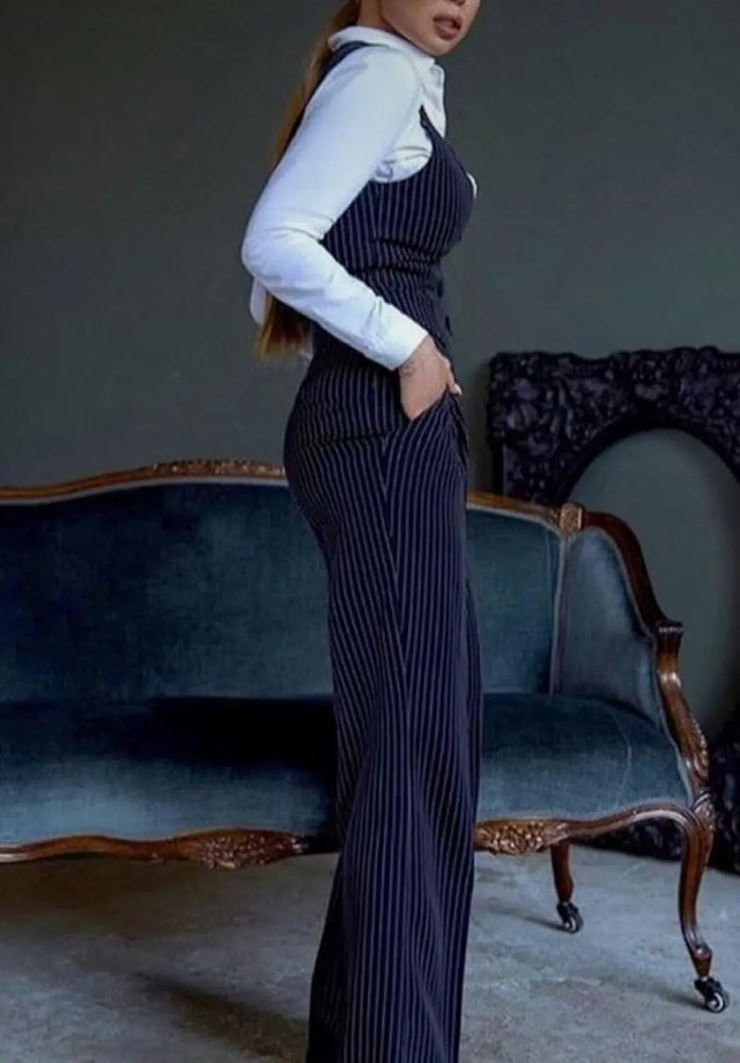 Women's 3 Piece Business Stripes Suit Set Slim Fit Blazer Jacket Vest Pant for Work Professional