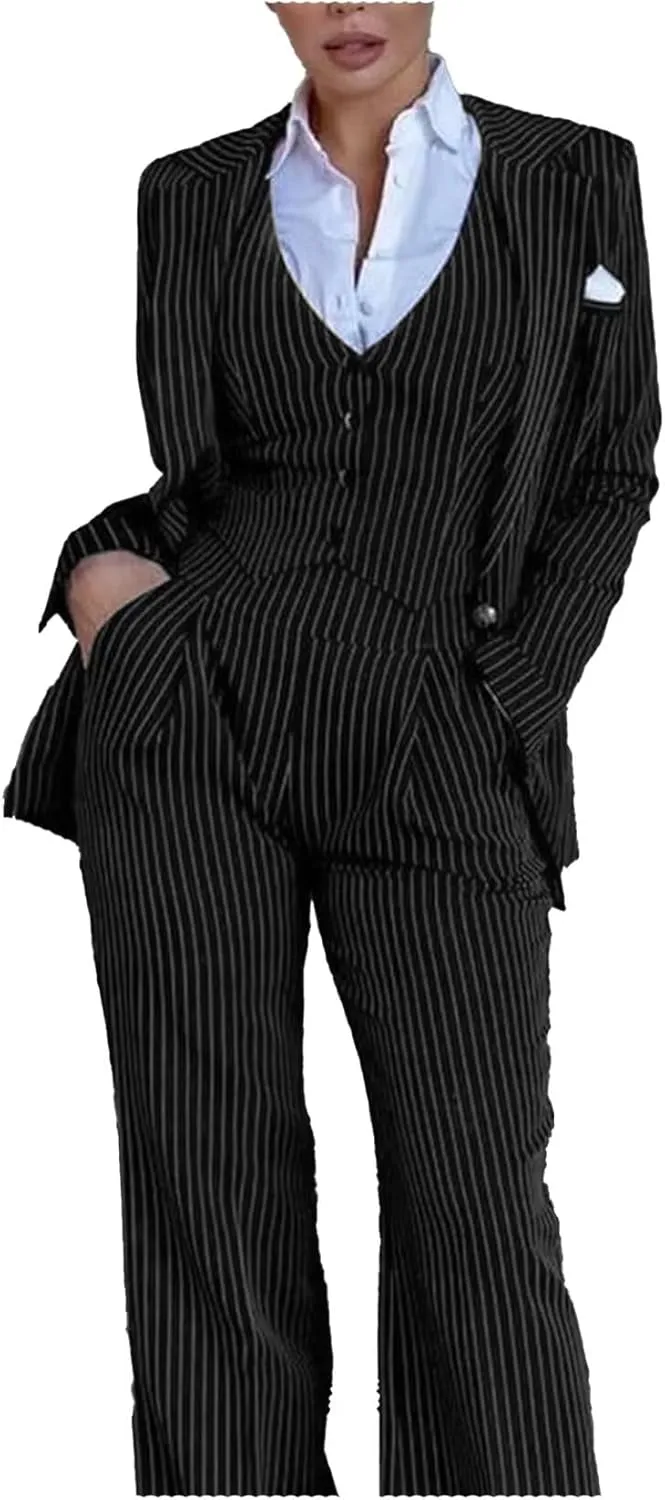 Women's 3 Piece Business Stripes Suit Set Slim Fit Blazer Jacket Vest Pant for Work Professional