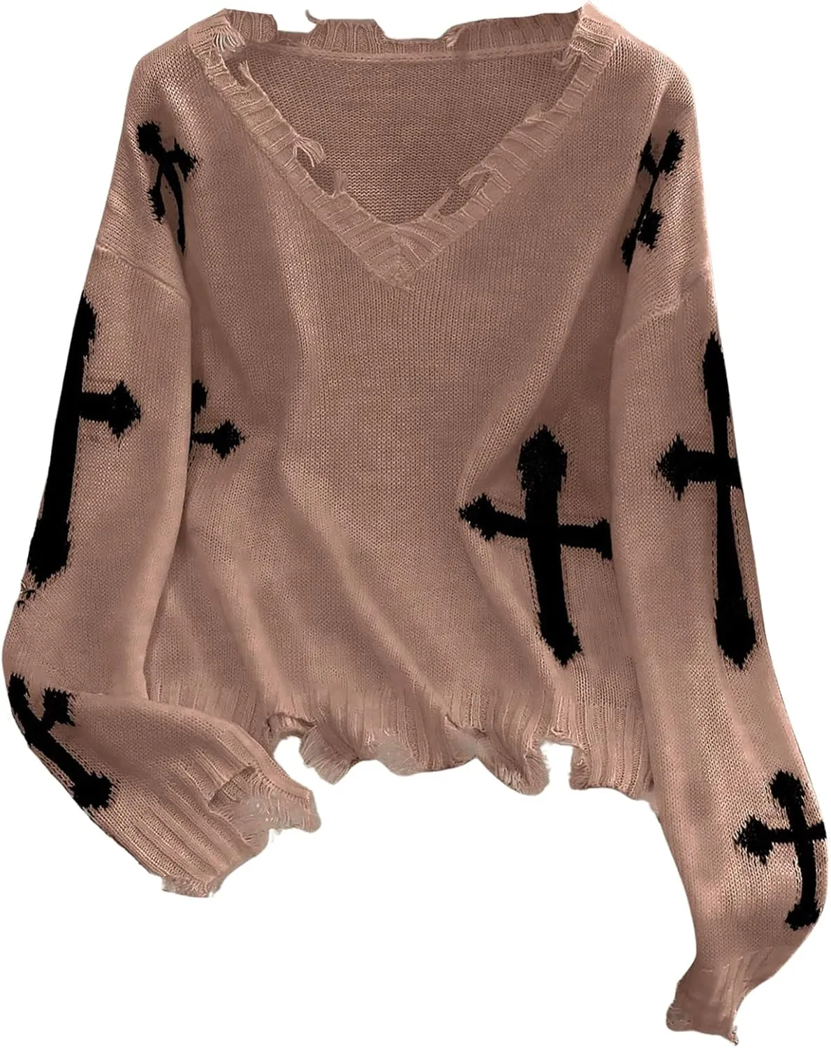 Women's Graphic Sweaters V Neck Long Sleeve Distressed Sweaters Raw Hem Knitted Pullover Top
