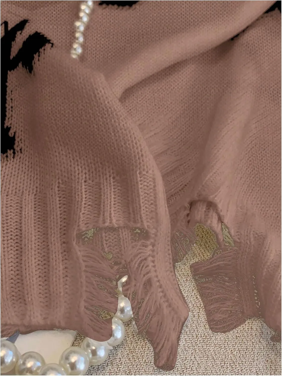 Women's Graphic Sweaters V Neck Long Sleeve Distressed Sweaters Raw Hem Knitted Pullover Top