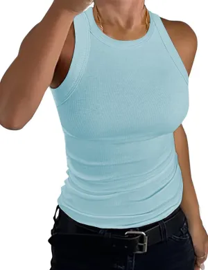Womens Tank Tops High Neck Sleeveless Ribbed Tank Casual Basic Thick Strap Slim Fitted Racerback Shirts