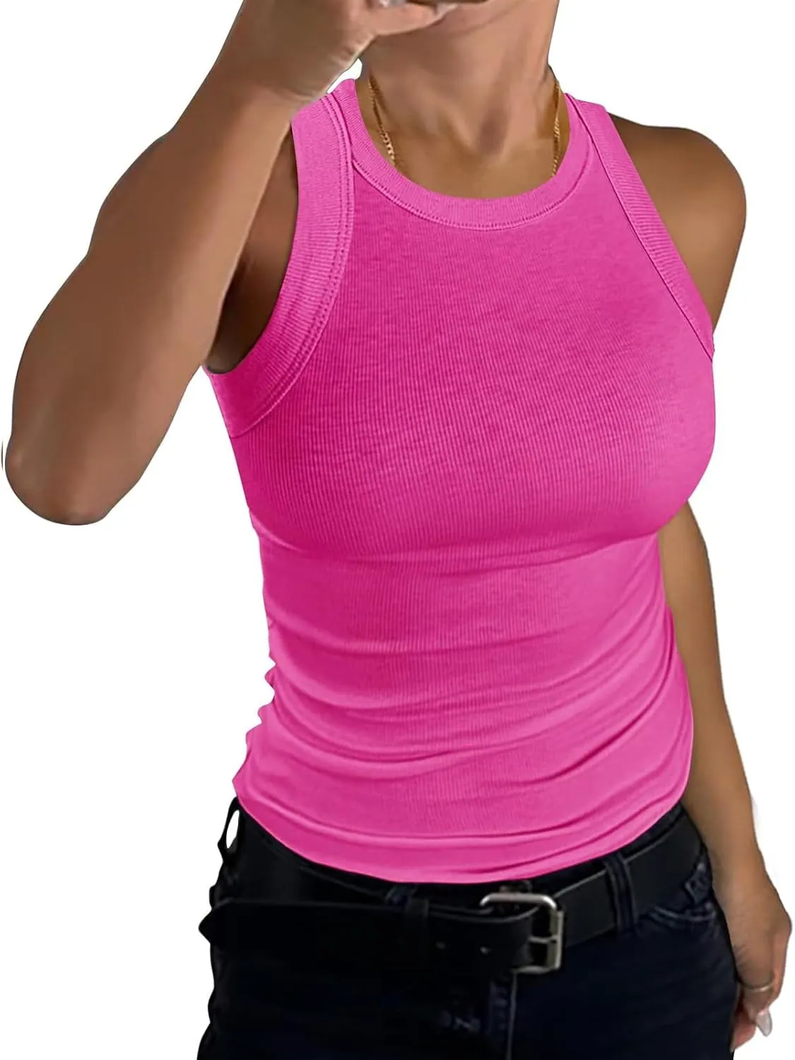 Womens Tank Tops High Neck Sleeveless Ribbed Tank Casual Basic Thick Strap Slim Fitted Racerback Shirts
