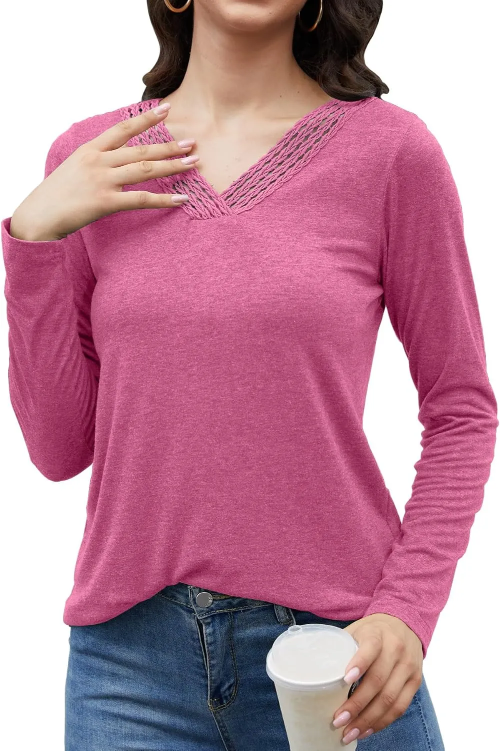 Womens Tops Dressy Casual V Neck Long Sleeve Lace Splice T Shirts Cute Fashion Clothes 2025