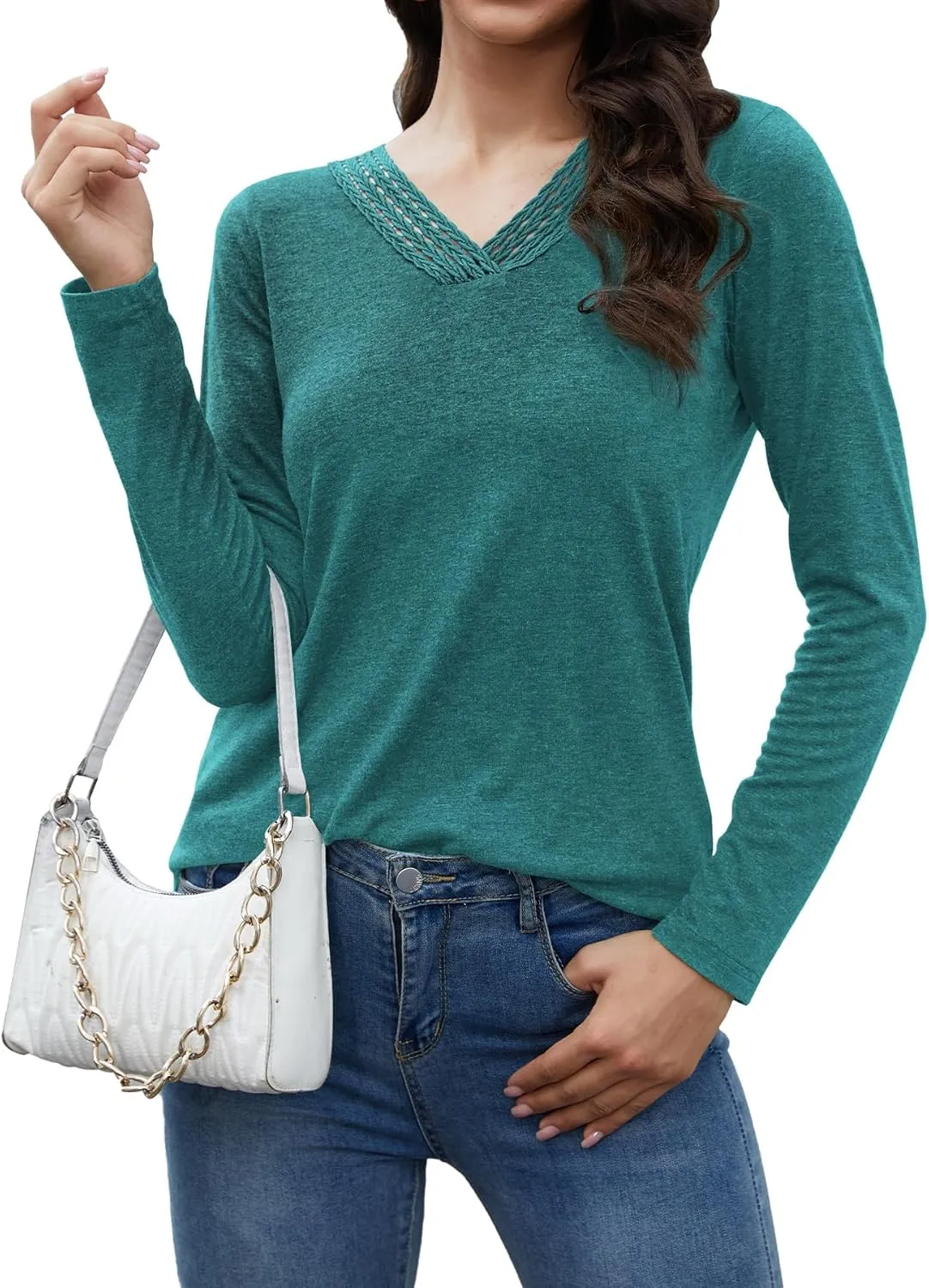 Womens Tops Dressy Casual V Neck Long Sleeve Lace Splice T Shirts Cute Fashion Clothes 2025