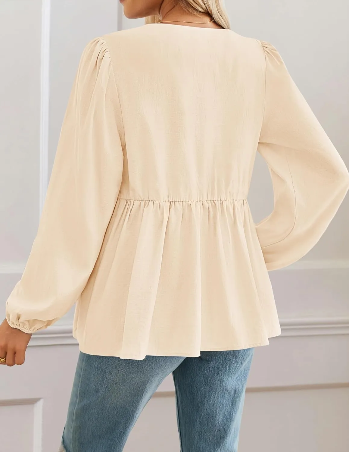 ZESICA Womens Tops Tie Front Long Puff Sleeve Button Peplum Babydoll Cute Shirts Spring Fashion Blouses